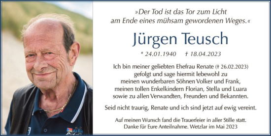 Traueranzeige von Jürgen Teusch von Wetzlarer Neue Zeitung