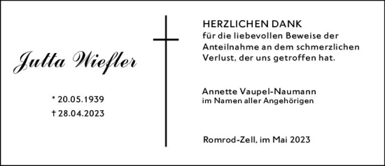 Traueranzeige von Jutta Wiefter von VRM Trauer