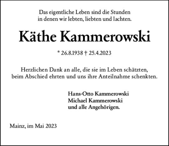 Traueranzeige von Käthe Kammerowski von Allgemeine Zeitung Mainz