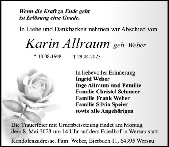 Traueranzeige von Karin Allraum von Odenwälder Echo