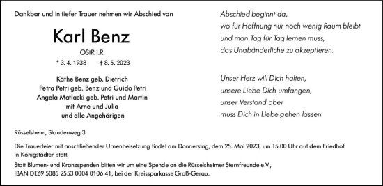 Traueranzeige von Karl Benz von Rüsselsheimer Echo