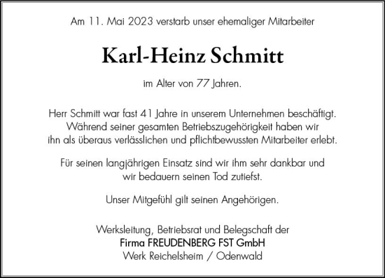 Traueranzeige von Karl-Heinz Schmitt von Odenwälder Echo