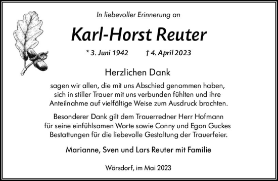 Traueranzeige von Karl-Horst Reuter von Wiesbadener Kurier