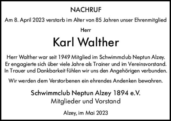 Traueranzeige von Karl Walther von Allgemeine Zeitung Alzey