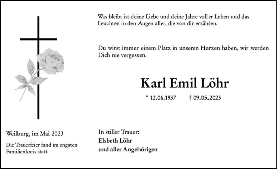 Traueranzeige von Karl Emil Löhr von Weilburger Tageblatt Traueranzeige von Karl Emil Löhr von Weilburger Tageblatt
