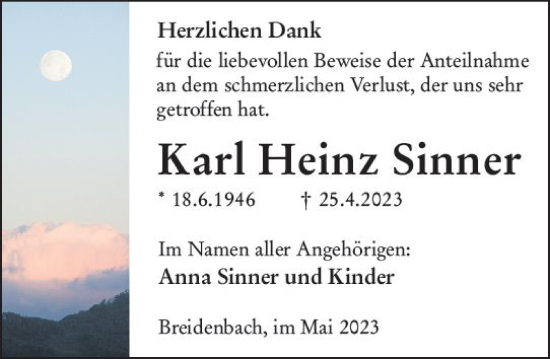 Traueranzeige von Karl Heinz Sinner von Hinterländer Anzeiger