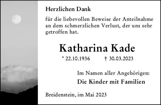 Traueranzeige von Katharina Kade von Hinterländer Anzeiger