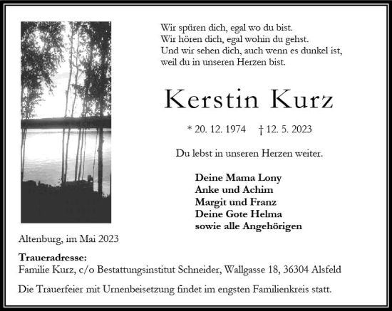 Traueranzeige von Kerstin Kurz von Oberhessen Kurier