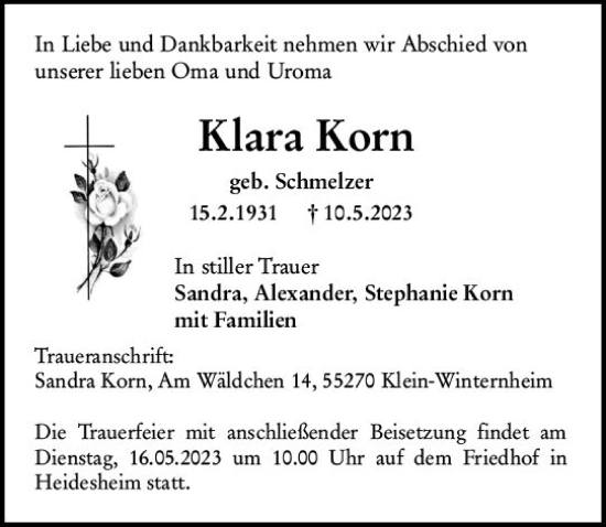 Traueranzeige von Klara Korn von Allgemeine Zeitung Mainz