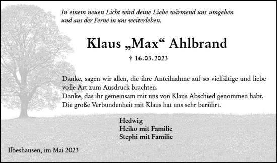 Traueranzeige von Klaus Ahlbrand von Oberhessen Kurier
