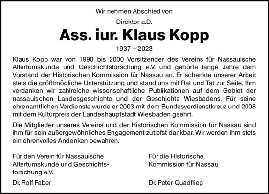 Traueranzeige von Klaus Kopp von Wiesbadener Kurier
