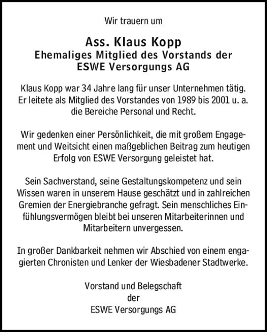 Traueranzeige von Klaus Kopp von Wiesbadener Kurier