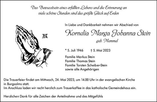 Traueranzeige von Kornelia Marga Johanna Stein von Weilburger Tageblatt
