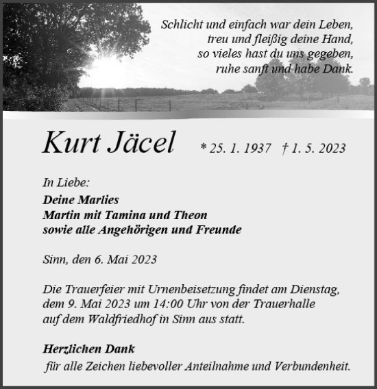 Traueranzeige von Kurt Jäcel von Dill Block