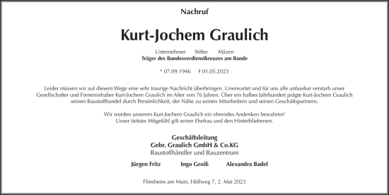 Traueranzeige von Kurt-Jochem Graulich von Rüsselsheimer Echo