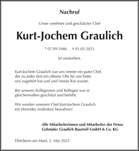 Traueranzeige von Kurt-Jochem Graulich von Rüsselsheimer Echo