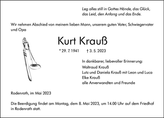 Traueranzeige von Kurt Krauß von Dill Block
