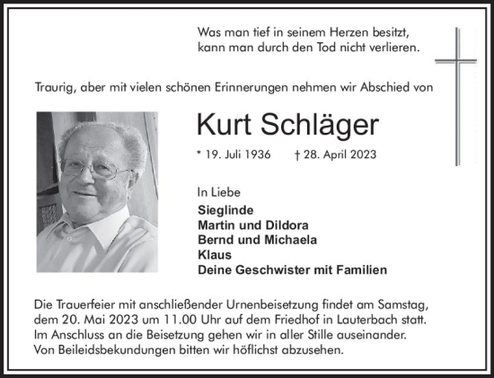 Traueranzeige von Kurt Schläger von VRM Trauer