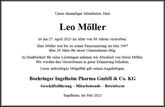 Traueranzeige von Leo Möller von Allgemeine Zeitung Bingen/Ingelheim