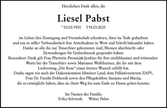Traueranzeige von Liesel Pabst von Idsteiner Land/Untertaunus