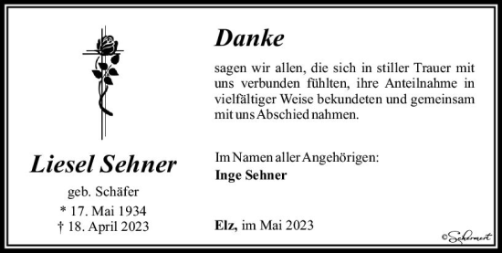 Traueranzeige von Liesel Sehner von Nassauische Neue Presse