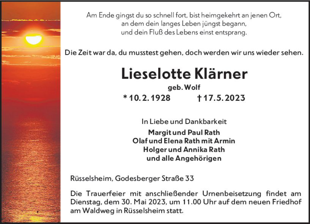  Traueranzeige für Lieselotte Klärner vom 24.05.2023 aus Rüsselsheimer Echo
