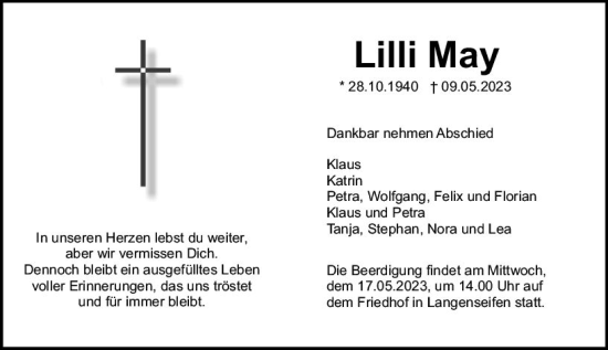 Traueranzeige von Lilli May von Wiesbadener Kurier