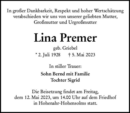 Traueranzeige von Lina Premer von Wetzlarer Neue Zeitung