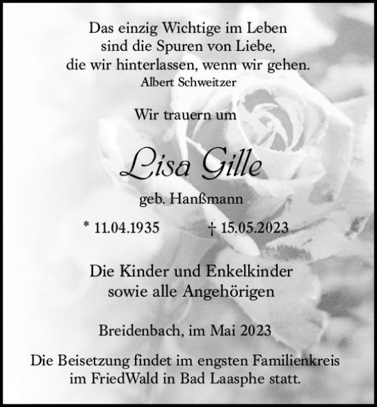 Traueranzeige von Lisa Gille von Hinterländer Anzeiger
