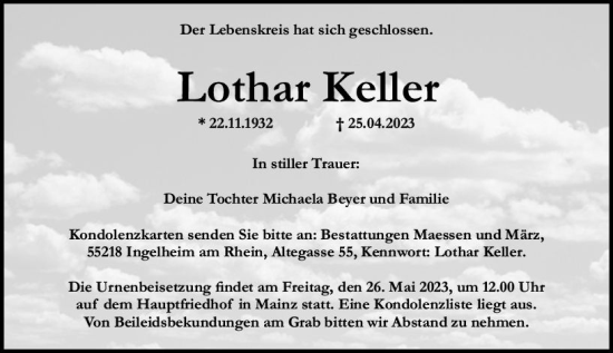 Traueranzeige von Lothar Keller von Allgemeine Zeitung Bingen/Ingelheim