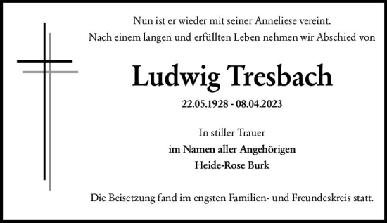 Traueranzeige von Ludwig Tresbach von Wiesbadener Kurier