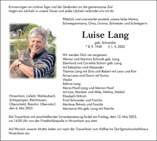 Traueranzeige von Luise Lang von Hinterländer Anzeiger
