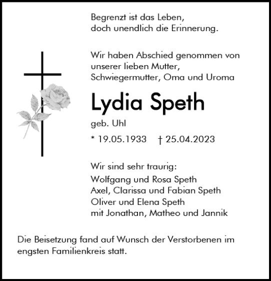 Traueranzeige von Lydia Speth von Allgemeine Zeitung Mainz