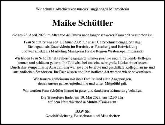 Traueranzeige von Maike Schüttler von Darmstädter Echo