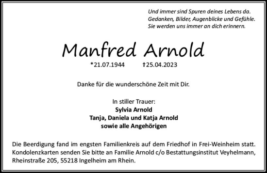 Traueranzeige von Manfred Arnold von Allgemeine Zeitung Bingen/Ingelheim
