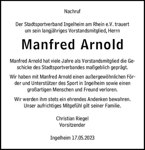 Traueranzeige von Manfred Arnold von Allgemeine Zeitung Bingen/Ingelheim