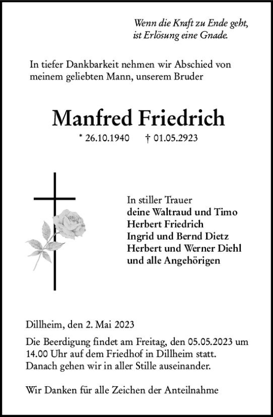 Traueranzeige von Manfred Friedrich von Wetzlarer Neue Zeitung