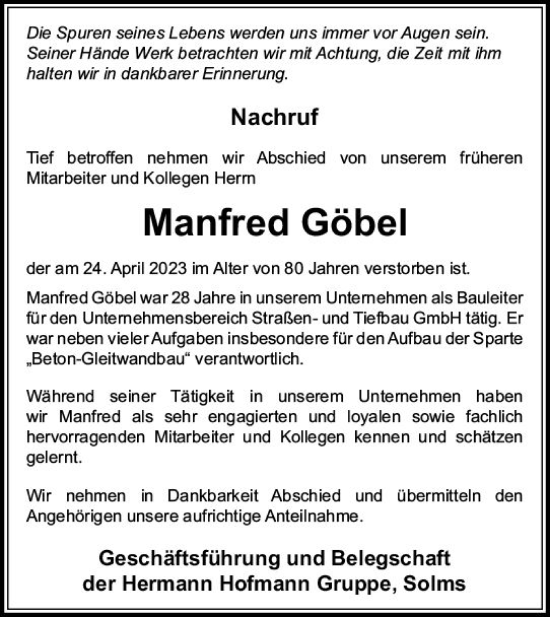 Traueranzeige von Manfred Göbel von Wetzlarer Neue Zeitung