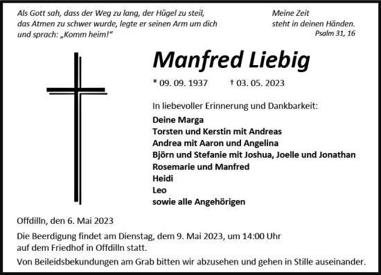 Traueranzeige von Manfred Liebig von Dill Block