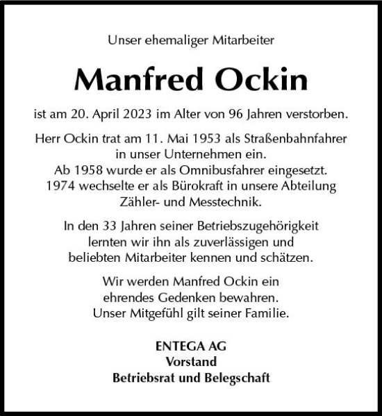Traueranzeige von Manfred Ockin von Odenwälder Echo