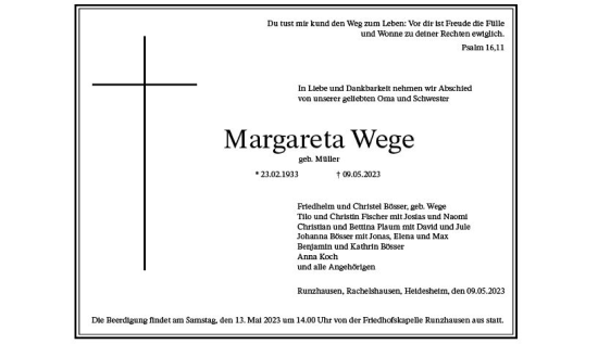 Traueranzeige von Margareta Wege von Hinterländer Anzeiger