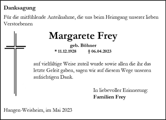 Traueranzeige von Margarete Frey von Allgemeine Zeitung Alzey