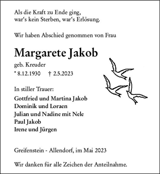 Traueranzeige von Margarete Jakob von Wetzlarer Neue Zeitung