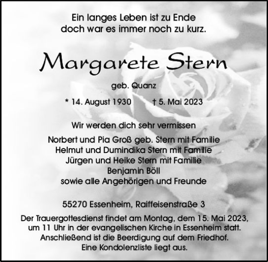 Traueranzeige von Margarete Stern von Allgemeine Zeitung Mainz