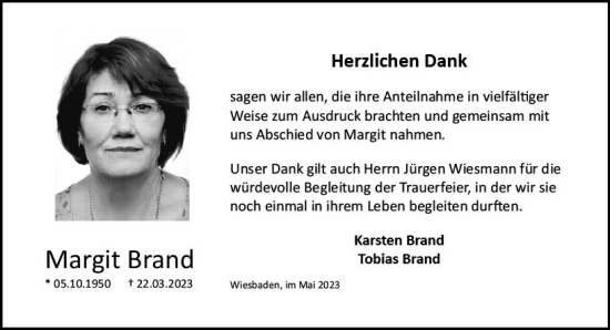 Traueranzeige von Margit Brand von Wiesbadener Kurier