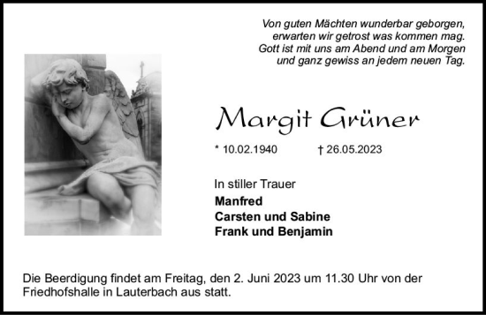 Traueranzeige von Margit Grüner von VRM Trauer