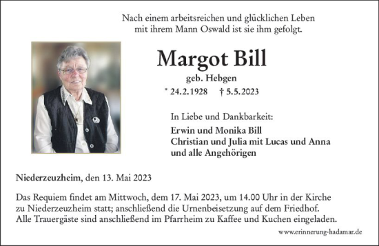 Traueranzeige von Margot Bill von Nassauische Neue Presse