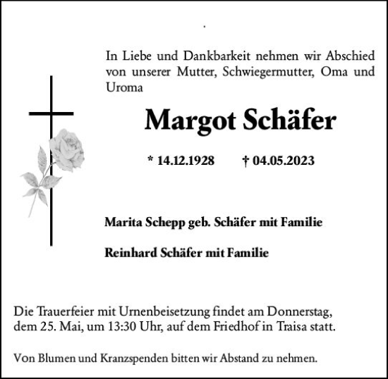Traueranzeige von Margot Schäfer von Darmstädter Echo