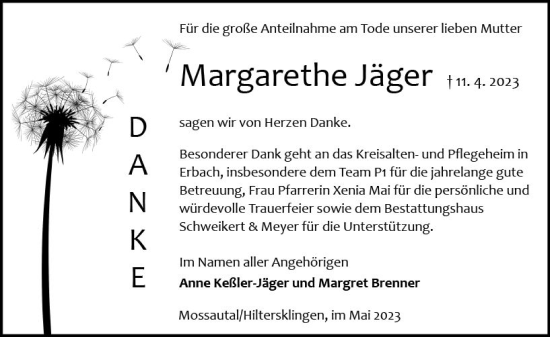 Traueranzeige von Margrethe Jäger von Odenwälder Echo