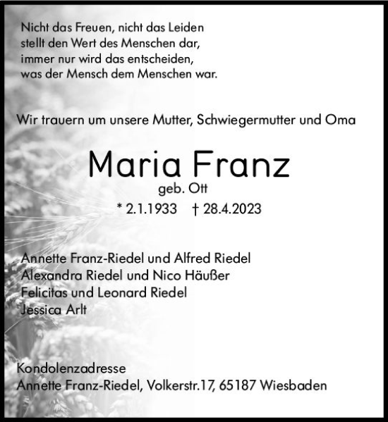 Traueranzeige von Maria Franz von Allgemeine Zeitung Mainz